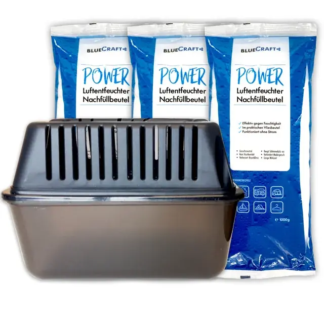 MEGA BLUECRAFT Raumentfeuchter Box – Extra Stark & Effektiv inkl. 3x 1kg Premium Luftentfeuchter Granulat - Sehr gut bewertet